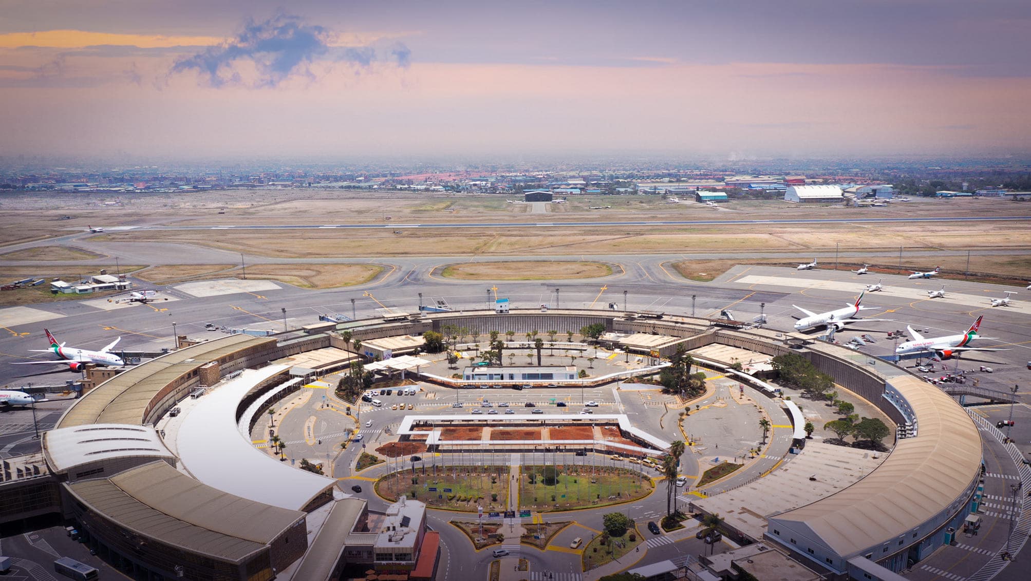 Aerial view of Jomo Kenyatta International Airport at sunset